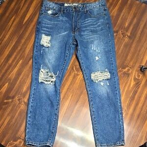 Machine Blue Relaxed Fit Distressed Jeans